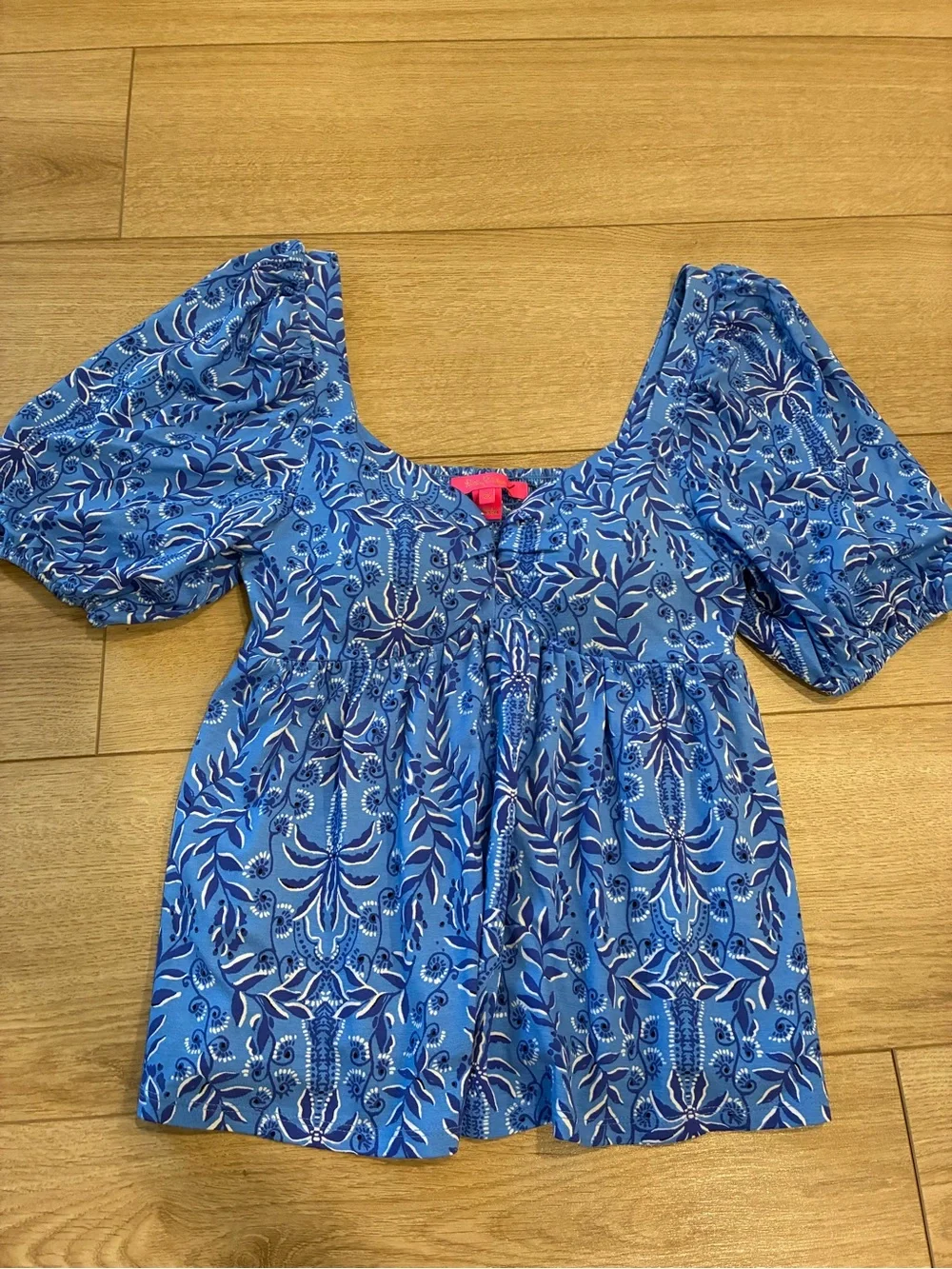Lilly Pulitzer Women’s Floriana Knit Top Puff Sleeve Blue Floral Size XS
